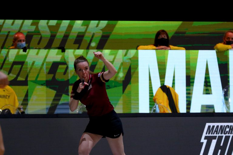 Action shot during Vitality Super League match between Manchester Thunder and Saracen Mavericks at Copper Box Arena, London, England on 16th May 2021.