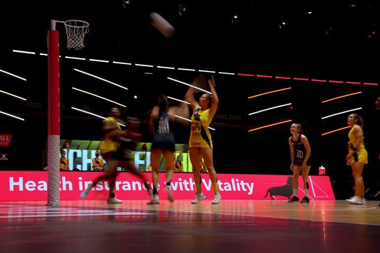 Action shot during Vitality Super League match between Manchester Thunder and Saracen Mavericks at Copper Box Arena, London, England on 16th May 2021.