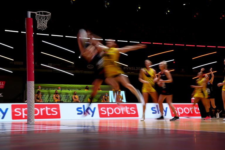 Action shot during Vitality Super League match between Manchester Thunder and Saracen Mavericks at Copper Box Arena, London, England on 16th May 2021.
