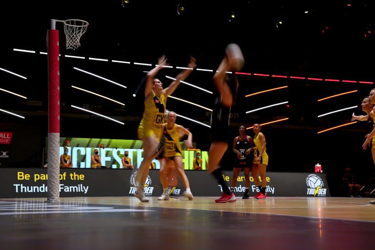 Action shot during Vitality Super League match between Manchester Thunder and Saracen Mavericks at Copper Box Arena, London, England on 16th May 2021.