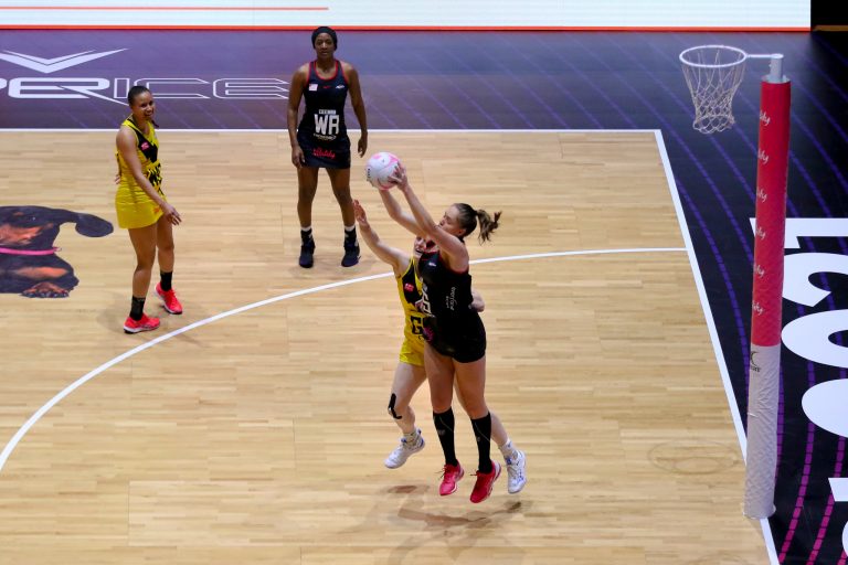 Action shot during Vitality Super League match between Manchester Thunder and Saracen Mavericks at Copper Box Arena, London, England on 16th May 2021.