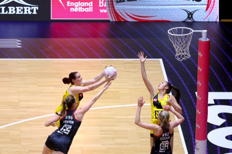 Action shot during Vitality Super League match between Manchester Thunder and Saracen Mavericks at Copper Box Arena, London, England on 16th May 2021.