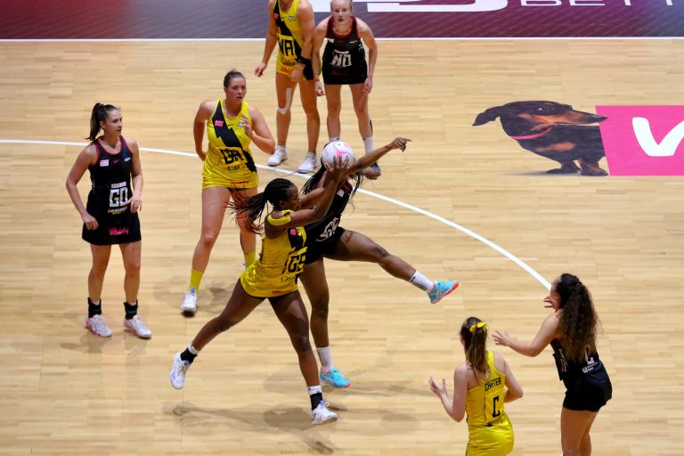 Action shot during Vitality Super League match between Manchester Thunder and Saracen Mavericks at Copper Box Arena, London, England on 16th May 2021.
