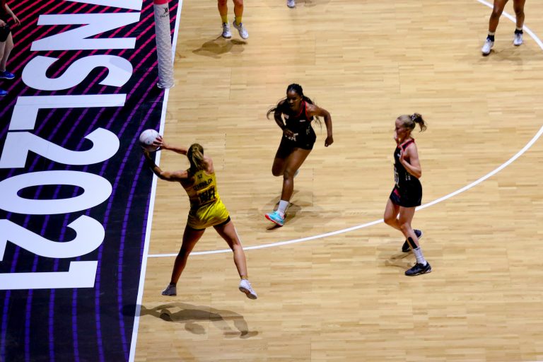 Action shot during Vitality Super League match between Manchester Thunder and Saracen Mavericks at Copper Box Arena, London, England on 16th May 2021.
