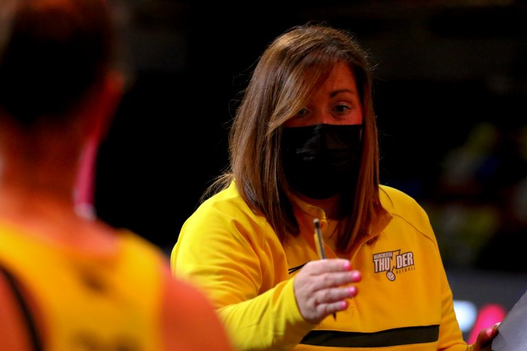 Action shot during Vitality Super League match between Manchester Thunder and Saracen Mavericks at Copper Box Arena, London, England on 16th May 2021.