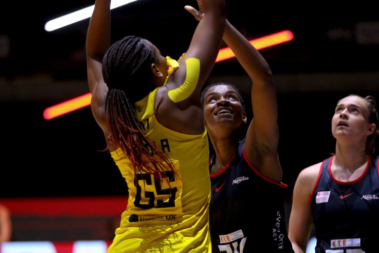 Action shot during Vitality Super League match between Manchester Thunder and Saracen Mavericks at Copper Box Arena, London, England on 16th May 2021.