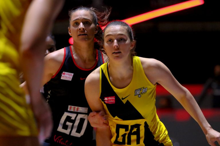Action shot during Vitality Super League match between Manchester Thunder and Saracen Mavericks at Copper Box Arena, London, England on 16th May 2021.