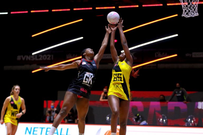Action shot during Vitality Super League match between Manchester Thunder and Saracen Mavericks at Copper Box Arena, London, England on 16th May 2021.