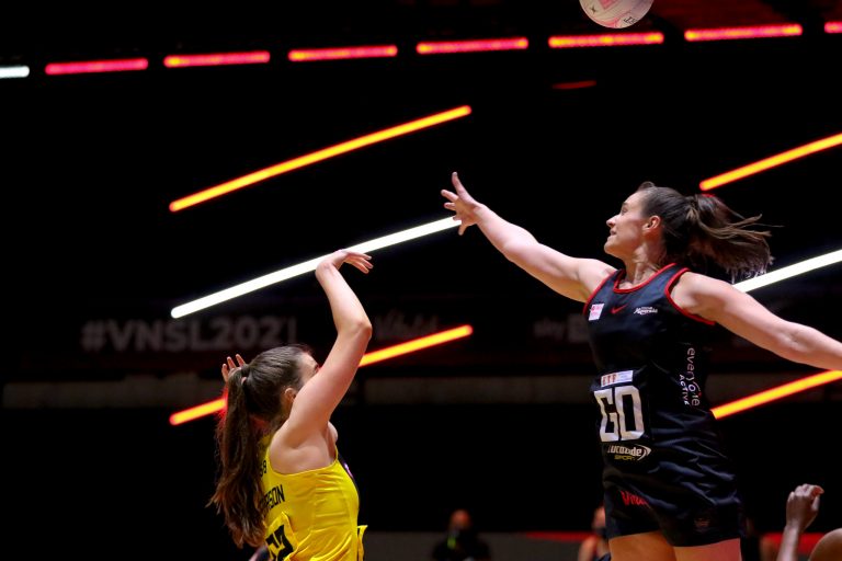 Action shot during Vitality Super League match between Manchester Thunder and Saracen Mavericks at Copper Box Arena, London, England on 16th May 2021.