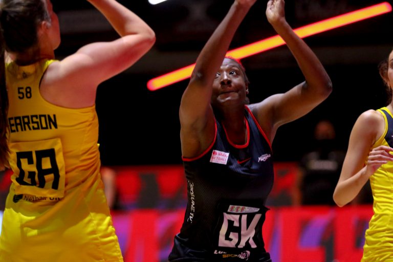 Action shot during Vitality Super League match between Manchester Thunder and Saracen Mavericks at Copper Box Arena, London, England on 16th May 2021.