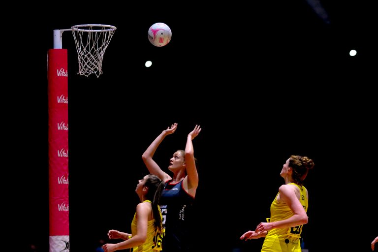 Action shot during Vitality Super League match between Manchester Thunder and Saracen Mavericks at Copper Box Arena, London, England on 16th May 2021.