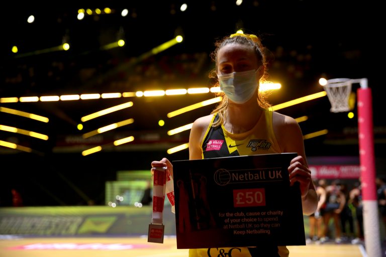 Action shot during Vitality Super League match between Manchester Thunder and Saracen Mavericks at Copper Box Arena, London, England on 16th May 2021.