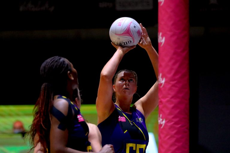 Action shot during Vitality Super League match between Wasps Netball and Manchester Thunder at Copper Box Arena, London, England on 17th May 2021.