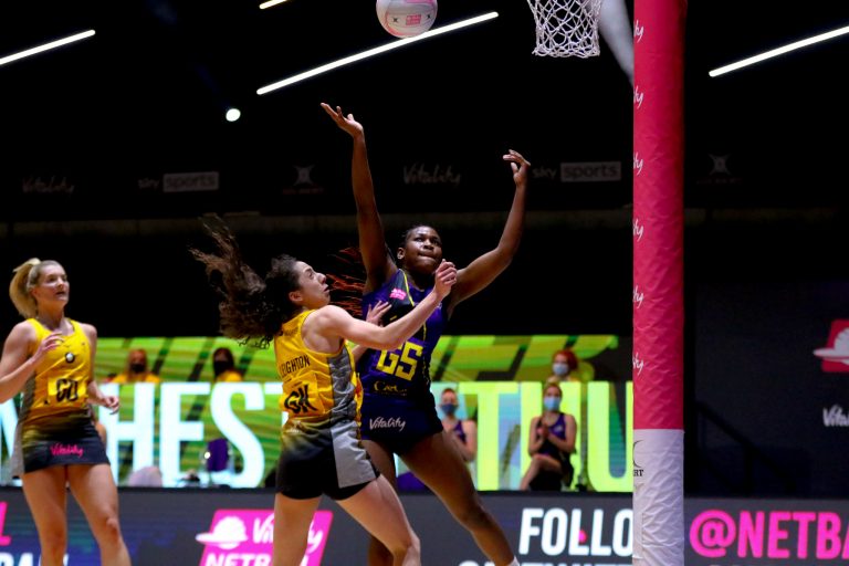 Action shot during Vitality Super League match between Wasps Netball and Manchester Thunder at Copper Box Arena, London, England on 17th May 2021.