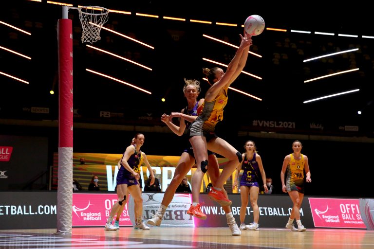 Action shot during Vitality Super League match between Wasps Netball and Manchester Thunder at Copper Box Arena, London, England on 17th May 2021.