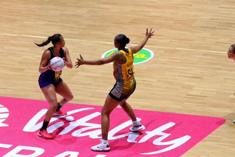 Action shot during Vitality Super League match between Wasps Netball and Manchester Thunder at Copper Box Arena, London, England on 17th May 2021.