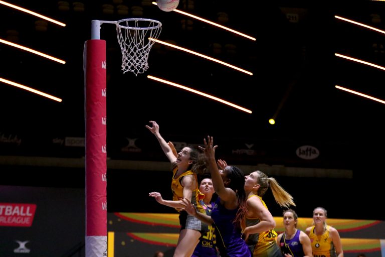 Action shot during Vitality Super League match between Wasps Netball and Manchester Thunder at Copper Box Arena, London, England on 17th May 2021.