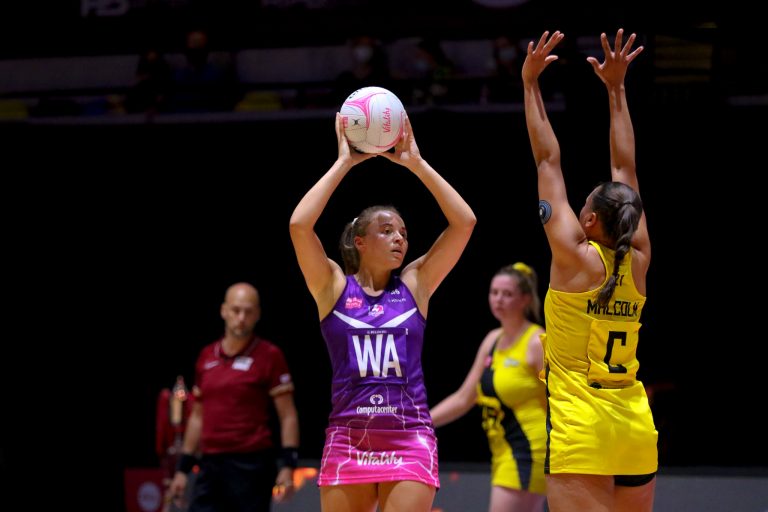 Action shot during Vitality Super League match between Loughborough Lightning and Manchester Thunder at Copper Box Arena, London, England on 14th June 2021.