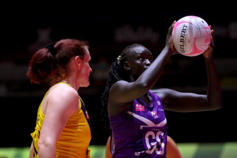 Mary Cholhok (UG) of Loughborough Lightning during Vitality Super League match between Loughborough Lightning and Manchester Thunder at Copper Box Arena, London, England on 14th June 2021.