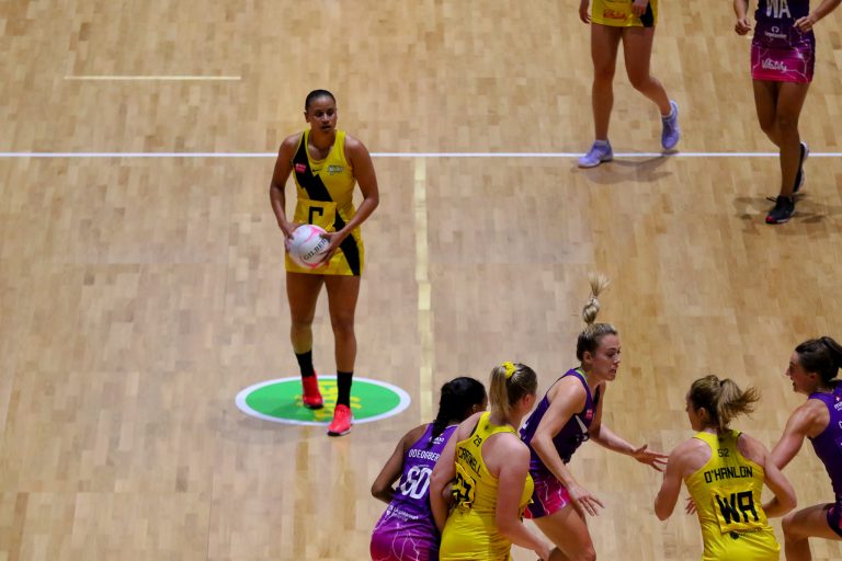 Action shot during Vitality Super League match between Loughborough Lightning and Manchester Thunder at Copper Box Arena, London, England on 14th June 2021.