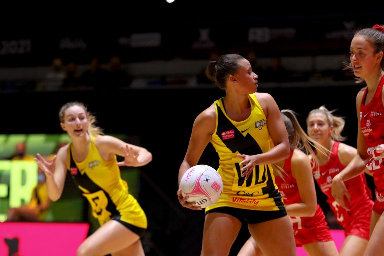 Action shot during Vitality Super League match between Manchester Thunder and Strathclyde Sirens at Copper Box Arena, London, England on 20th June 2021.