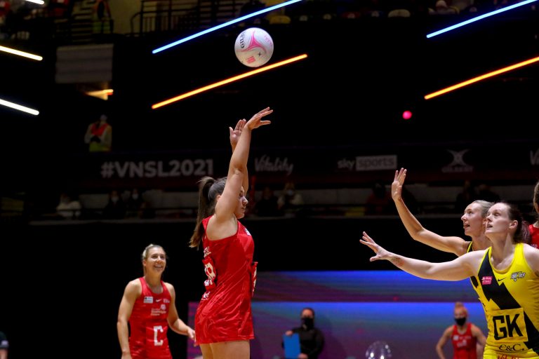 Action shot during Vitality Super League match between Manchester Thunder and Strathclyde Sirens at Copper Box Arena, London, England on 20th June 2021.
