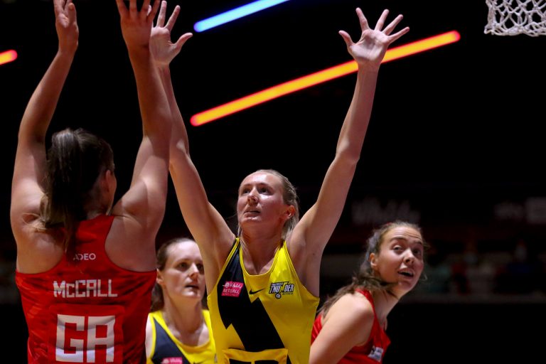 Action shot during Vitality Super League match between Manchester Thunder and Strathclyde Sirens at Copper Box Arena, London, England on 20th June 2021.