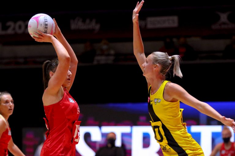 Action shot during Vitality Super League match between Manchester Thunder and Strathclyde Sirens at Copper Box Arena, London, England on 20th June 2021.