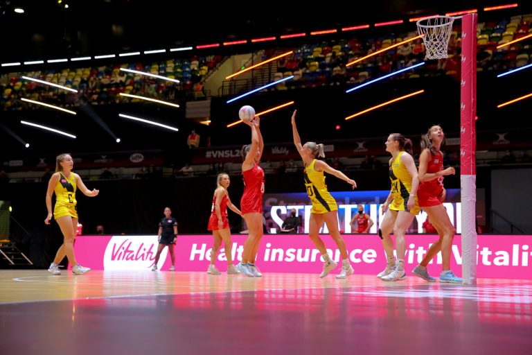 Action shot during Vitality Super League match between Manchester Thunder and Strathclyde Sirens at Copper Box Arena, London, England on 20th June 2021.