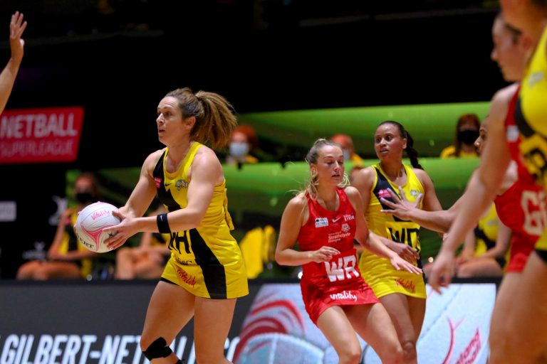 Caroline O’Hanlon of Manchester Thunder during Vitality Super League match between Manchester Thunder and Strathclyde Sirens at Copper Box Arena, London, England on 20th June 2021.