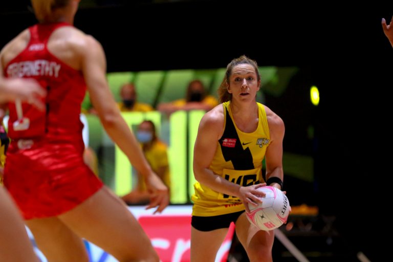 Action shot during Vitality Super League match between Manchester Thunder and Strathclyde Sirens at Copper Box Arena, London, England on 20th June 2021.