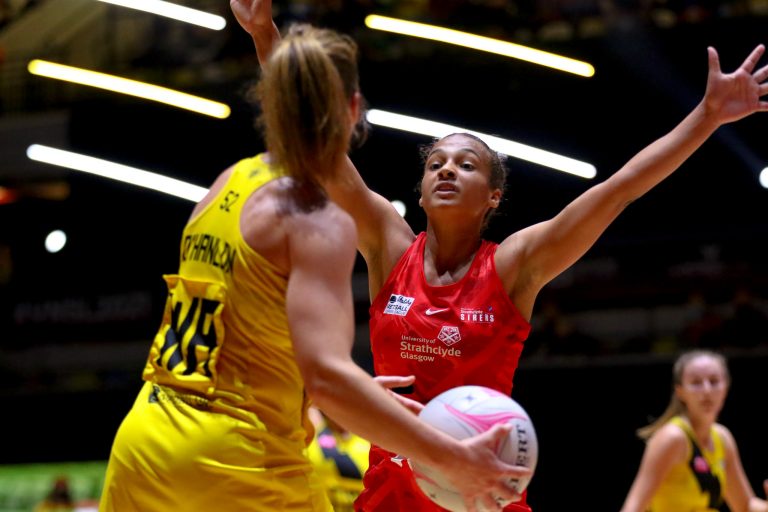 Action shot during Vitality Super League match between Manchester Thunder and Strathclyde Sirens at Copper Box Arena, London, England on 20th June 2021.