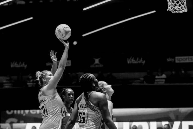 Action shot during Vitality Super League match between Manchester Thunder and Strathclyde Sirens at Copper Box Arena, London, England on 20th June 2021.