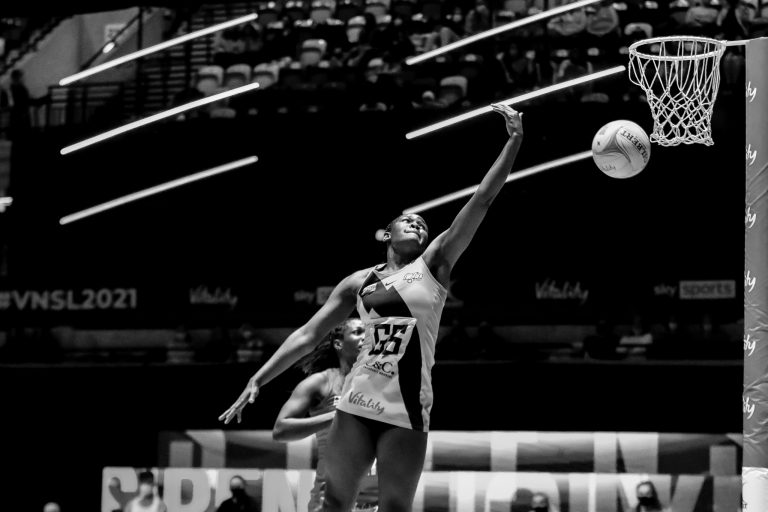 Action shot during Vitality Super League match between Manchester Thunder and Strathclyde Sirens at Copper Box Arena, London, England on 20th June 2021.