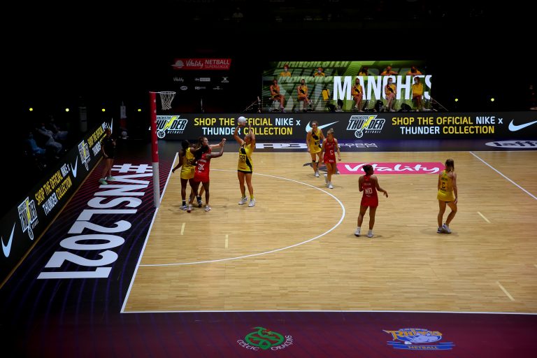 Action shot during Vitality Super League match between Manchester Thunder and Strathclyde Sirens at Copper Box Arena, London, England on 20th June 2021.