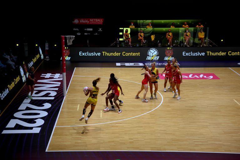 Action shot during Vitality Super League match between Manchester Thunder and Strathclyde Sirens at Copper Box Arena, London, England on 20th June 2021.
