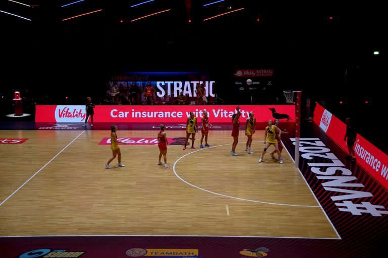 Action shot during Vitality Super League match between Manchester Thunder and Strathclyde Sirens at Copper Box Arena, London, England on 20th June 2021.