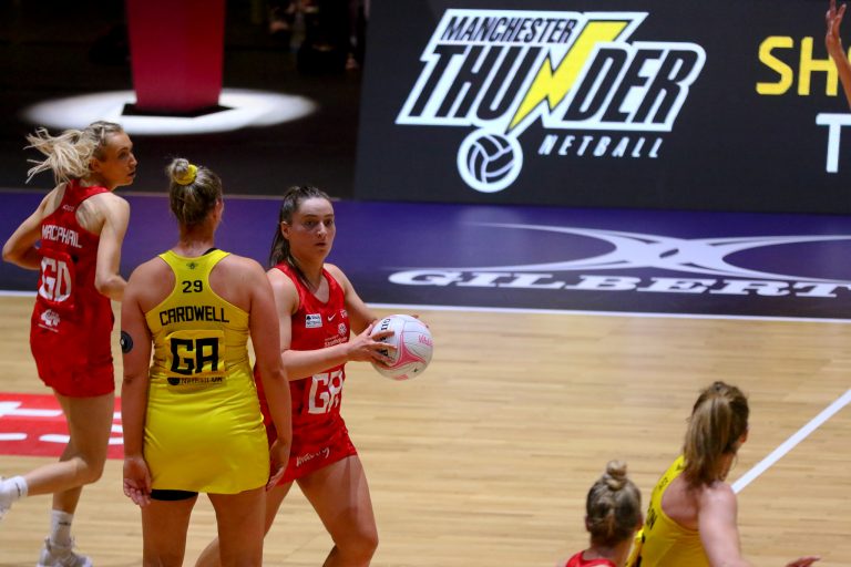 Action shot during Vitality Super League match between Manchester Thunder and Strathclyde Sirens at Copper Box Arena, London, England on 20th June 2021.