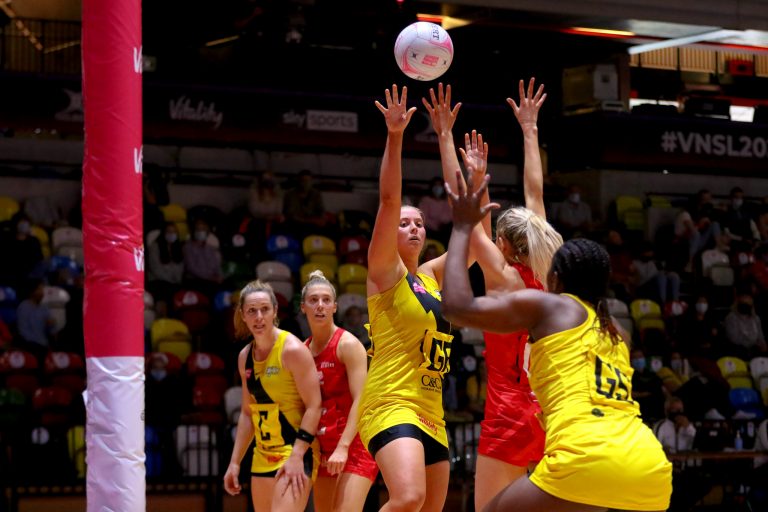 Action shot during Vitality Super League match between Manchester Thunder and Strathclyde Sirens at Copper Box Arena, London, England on 20th June 2021.