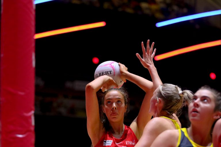 Action shot during Vitality Super League match between Manchester Thunder and Strathclyde Sirens at Copper Box Arena, London, England on 20th June 2021.