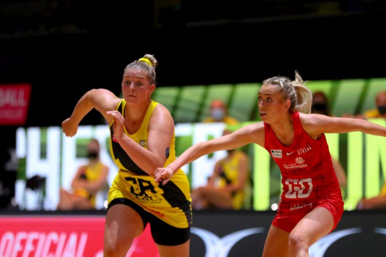 Action shot during Vitality Super League match between Manchester Thunder and Strathclyde Sirens at Copper Box Arena, London, England on 20th June 2021.