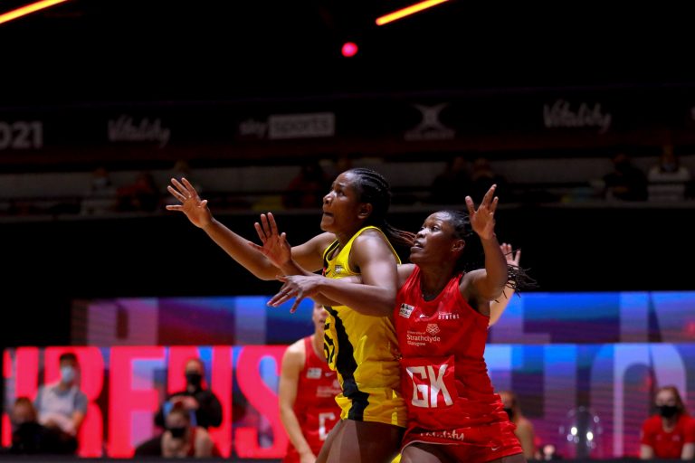 Action shot during Vitality Super League match between Manchester Thunder and Strathclyde Sirens at Copper Box Arena, London, England on 20th June 2021.