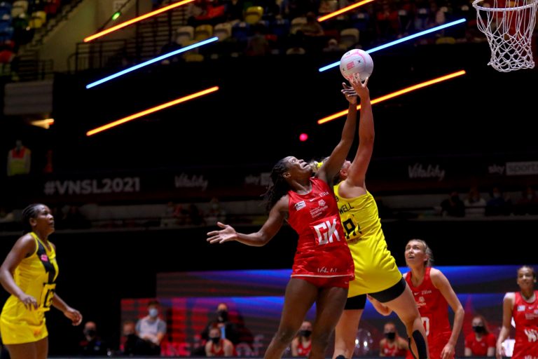 Action shot during Vitality Super League match between Manchester Thunder and Strathclyde Sirens at Copper Box Arena, London, England on 20th June 2021.
