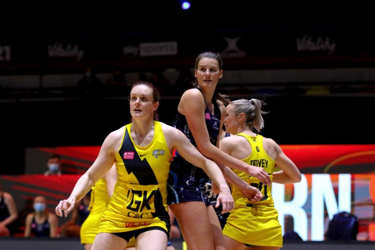 Action shot during Vitality Super League match between Manchester Thunder and Severn Stars at Copper Box Arena, London, England on 29th May 2021.