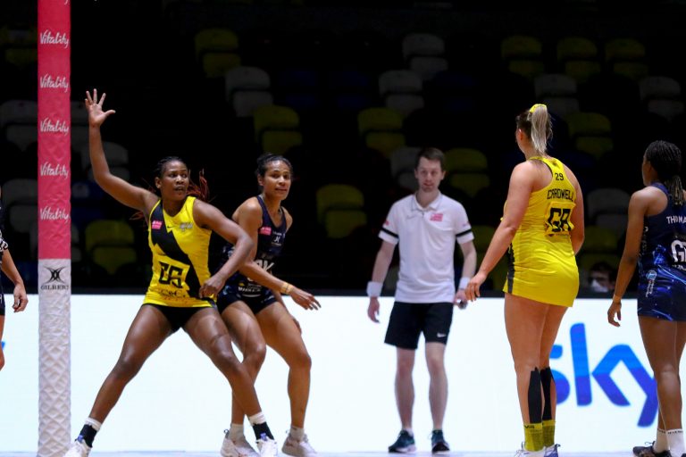 Action shot during Vitality Super League match between Manchester Thunder and Severn Stars at Copper Box Arena, London, England on 29th May 2021.