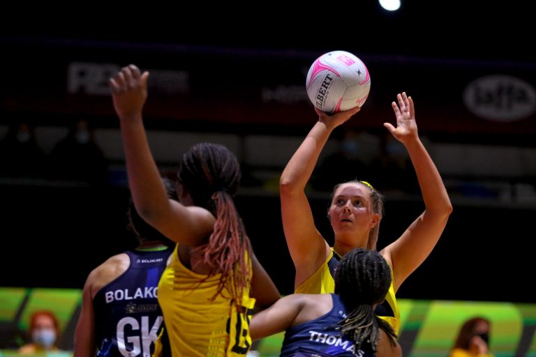 Action shot during Vitality Super League match between Manchester Thunder and Severn Stars at Copper Box Arena, London, England on 29th May 2021.