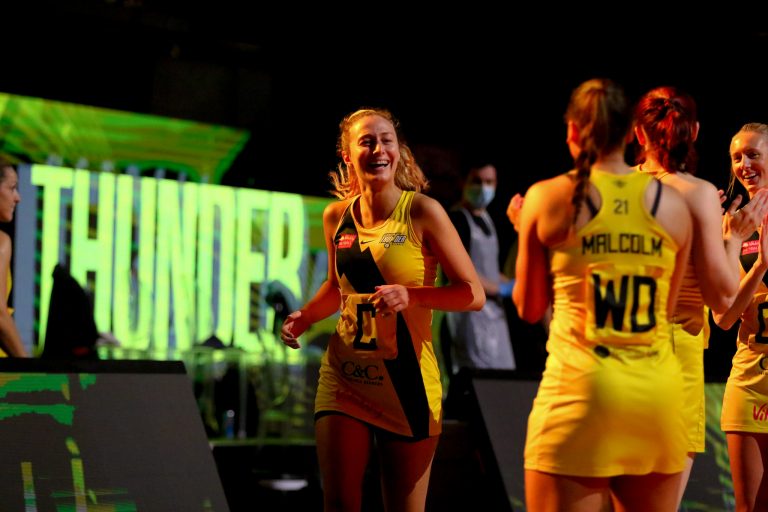 Action shot during Vitality Super League match between Manchester Thunder and Surrey Storm at Copper Box Arena, London, England on 30th May 2021.