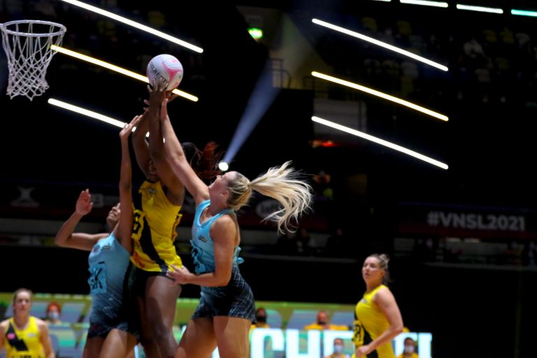 Action shot during Vitality Super League match between Manchester Thunder and Surrey Storm at Copper Box Arena, London, England on 30th May 2021.