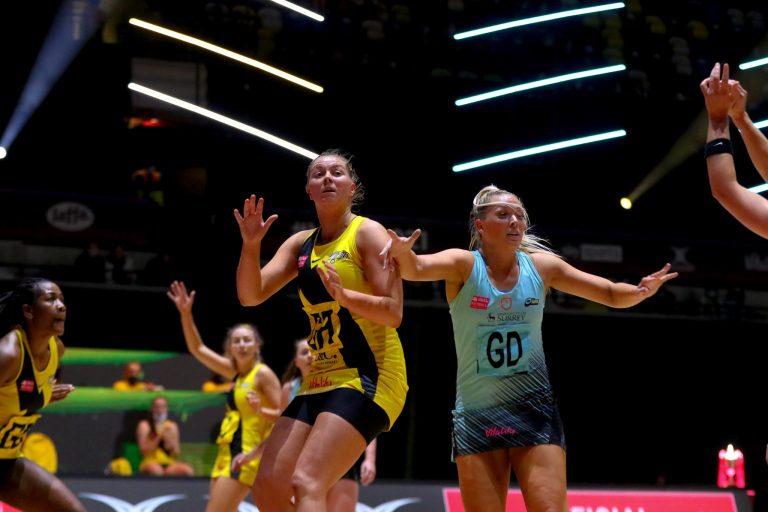 Action shot during Vitality Super League match between Manchester Thunder and Surrey Storm at Copper Box Arena, London, England on 30th May 2021.