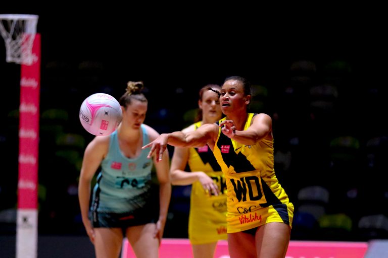 Action shot during Vitality Super League match between Manchester Thunder and Surrey Storm at Copper Box Arena, London, England on 30th May 2021.